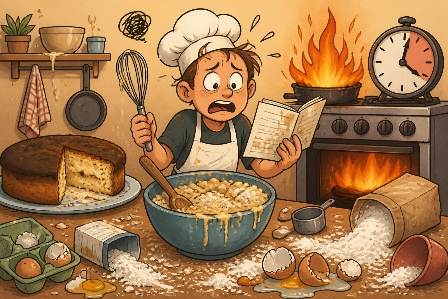 Gâteau maison fendu et tassé posé sur une grille, illustrant les erreurs de cuisson en pâtisserie